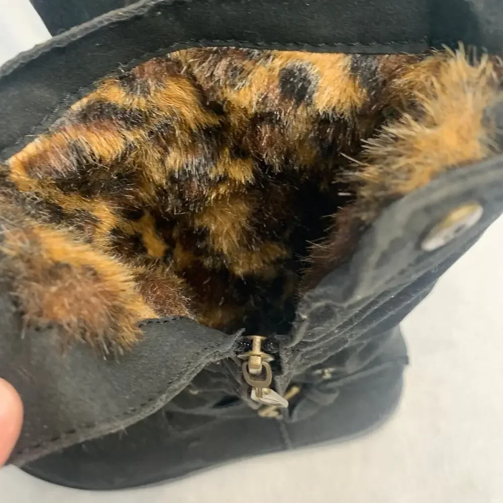 Guess Womens Sz 5.5 Mid Calf Biker Casual Faux Cheetah Fur Lines Boots Zip Up